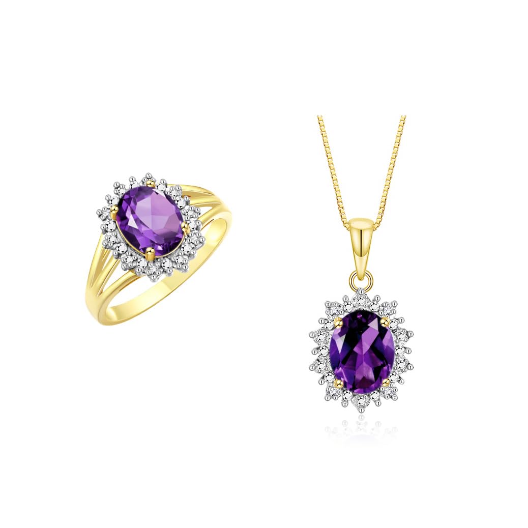 Rylos Women's Yellow Gold Plated Silver Princess Diana Ring &amp; Pendant Set. Gemstone &amp; Diamonds, 9X7MM Birthstone. Matching Friendship Jewelry, Sizes 5-10.