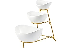 LYEOBOH Elegant 3-Tier Gold Cluster Serving Stand with Oval Porcelain Bowls