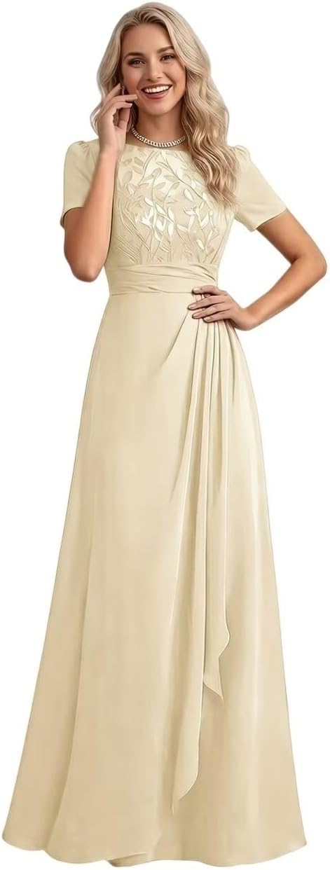 Short Sleeves Chiffon Mother of the Bride Dresses with Ruffle for Women Sequin Lace Long Formal Evening Gowns