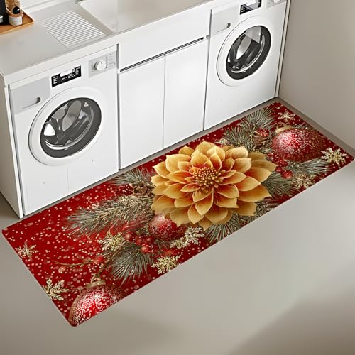 ANNA QUEEN Christmas Laundry Room Rug 20x47 Inch – Non Slip Golden Flower and Ornament Runner Mat for Holiday Kitchen and Entryway Decor
