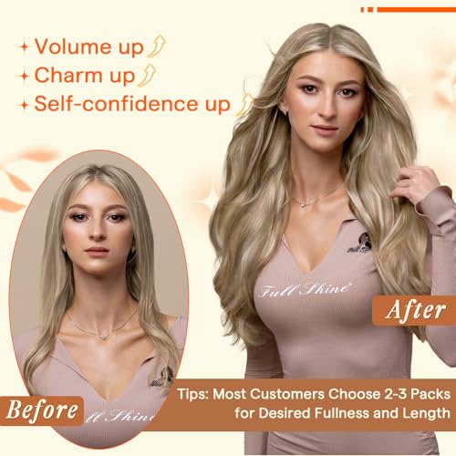 Image of Full Shine Butterfly Weft Hair Extensions Human Hair 16 Inch Highlights | 50G Honey Blonde Highlight Dirty Blonde, Thin Double Side Hairpiece, Seamless Micro Beads, Natural Volume, Blend Solution