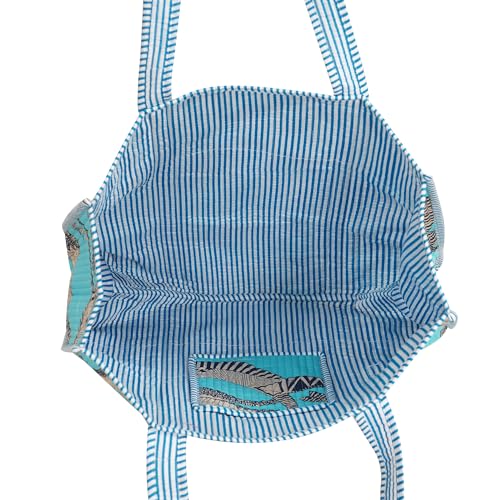 Image of Cotton Tiger Block Print Tote Bag, Indian Handmade Shopping Shoulder Bag, Unisex Market Daily Use