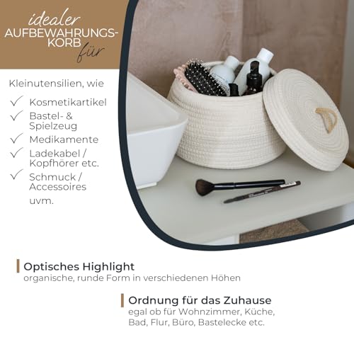 HMF Aufbewahrungskorb Badezimmer rund, Korb mit Deckel aus Baumwolle | Hoch | 25,5 x 19 cm | Creme