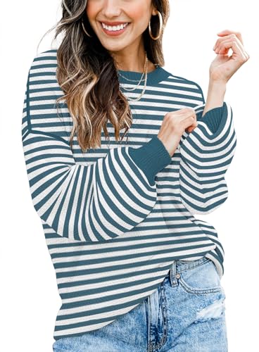 Image of Fall Clothes for Women 2026 Fashion Outfits Knitted Oversized Sweaters | Disamer Womens Sweater Trendy,Color Block Crew Neck Long Sleeve Knitted Pullover Jumper Tops,Striped,Winter Cute Sweaters
