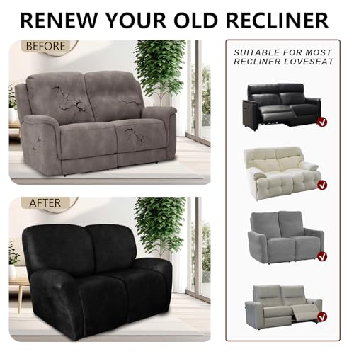 Image of ANARACHON Loveseat Recliner Cover Leather Look Recliner Loveseat Covers Recliner Sofa Cover for 2 Seater Reclining Couch Spandex Fabric Washable 6 Pieces (2 Seater, 02 Black)
