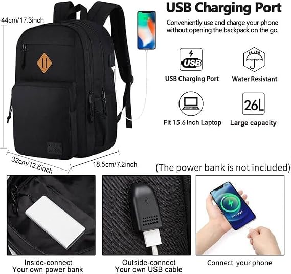 KEOFID Classic Travel backpack for Men and Women, Anti theft Laptop backpack with USB Charging Port for College, Business(Black)