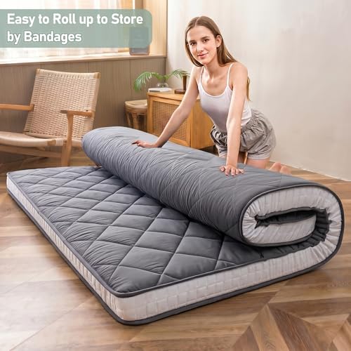 MAXYOYO Japanese Floor Futon Mattress King Size, Floor Ftuon for Adults, Roll Up Folding Mattress, Diamond Patterned Japanese Futon, Dark Grey