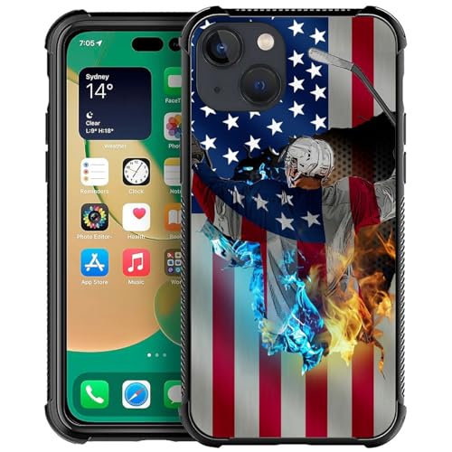 DJSOK Compatible with iPhone 14 Plus Case，Design Pattern Back Bumper Anti Scratch Reinforced Corners Soft TPU Caver,Cases for Men Women-Ice and Fire Hockey America Flag