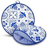 Booson 2 Pcs 12 Inch Large Mexican Tortilla Warmer Pouch Fabric Bag Blue Talavera Pattern Insulated Cloth Pouch for Tortillas Tacos Naan Bread and Pizza Rolls