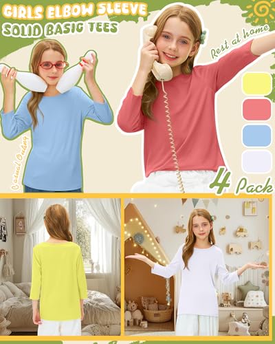 Image of 4 Pack Girls 3 /4 Sleeve T Shirts Kids Crewneck Elbow Sleeve Casual Tops Solid Basic Cute Teen Tees 5-14Y