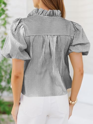 Image of Tankaneo Womens Short Puff Sleeve Button Down Shirts Summer Ruffle Striped Work Tops Stand Collar Trendy Casual Loose Blouse