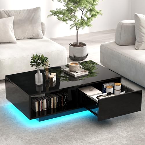 LIFEZEAL Table Basse LED 20 Couleurs, Table de Salon Blanche avec 1 Grand Tiroir et Compartiment, Télécommande et Prise USB, Table Basse Rectangulaire en...