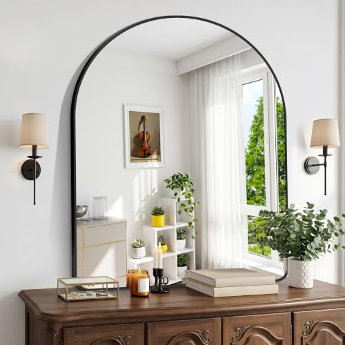 Image of BONEWEI Arched Wall Mirror,40x48 inch Black Arched Mirror Bathroom,Large Vanity Mirror for Over Sink Metal Frame,Tempered Glass Arch Mirrors for Bedroom,Entryway,Living Room,Home Decor Shatter-Proof