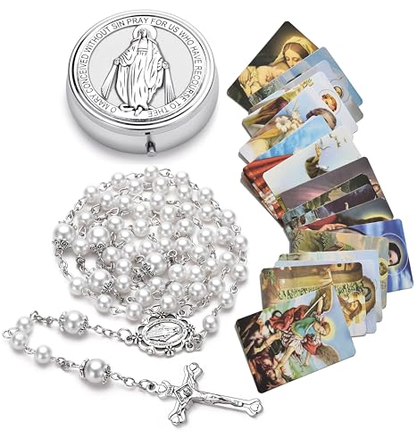 Rosary for Women with Case and 18pcs Prayer Cards, First Communion Gifts for Girls, Glass Pearl Beads and Virgin Mary Medal, Catholic Gifts