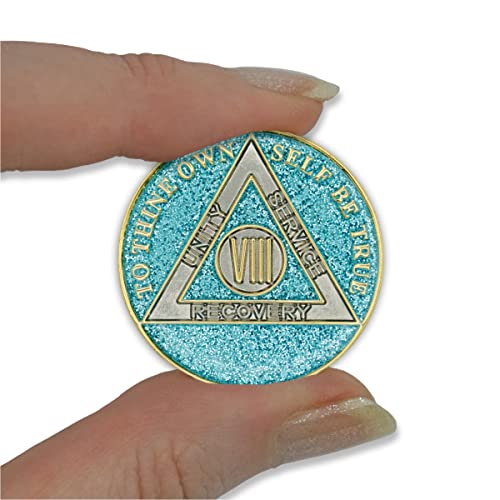Image of 8 Year Sobriety Coin | Glitter Triplate AA Chip | Recovery Anniversary Token (Blue)