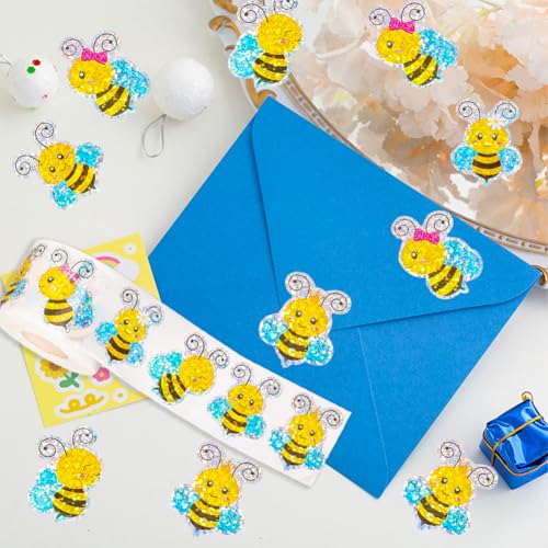Image of 500Pcs Summer Bee Stickers Roll 1.5in Large Glitter Bumble Bee Seal Stickers 5 Designs Cartoon Animal Waterproof Classroom Reward Decals for Spring Bottle Scrapbook Journal Decor