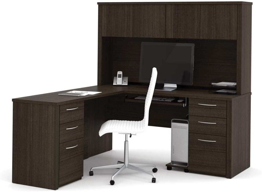 Bestar Embassy 66W L-Shaped Desk with Two Pedestals and Hutch in Dark Chocolate