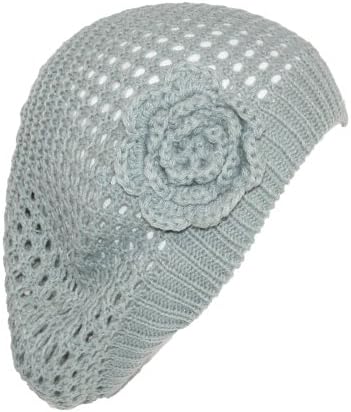 CTM Women's Flower Knit 4 Season Knit Beret Cap, Grey