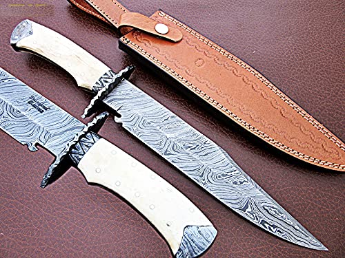 RG-12 Handmade Damascus Steel 15 Inches Bowie Knife - White Bone Handle with Damascus Steel gaurd/Pommel
