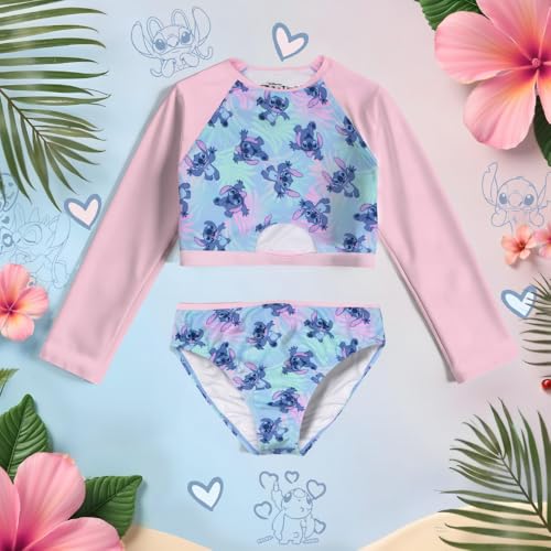 Image of Disney Lilo & Stitch Girls 2-Piece Swimsuit Set, Long-Sleeved Rash Guard and Bikini Bottoms, Quick-Drying Swimwear for Kids