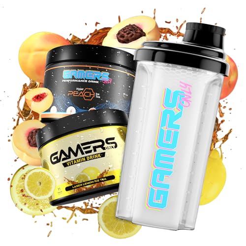 Gamers Only Gaming Booster Starter Set Hyper Peach Ice & Vitamin Pulver Yellow Laser Lemon [MIT SHAKER & ZERO ZUCKER ] Erhöht die Konzentration & Reaktionen | 125MG Koffein & L-Tyrosin & Vitaminen