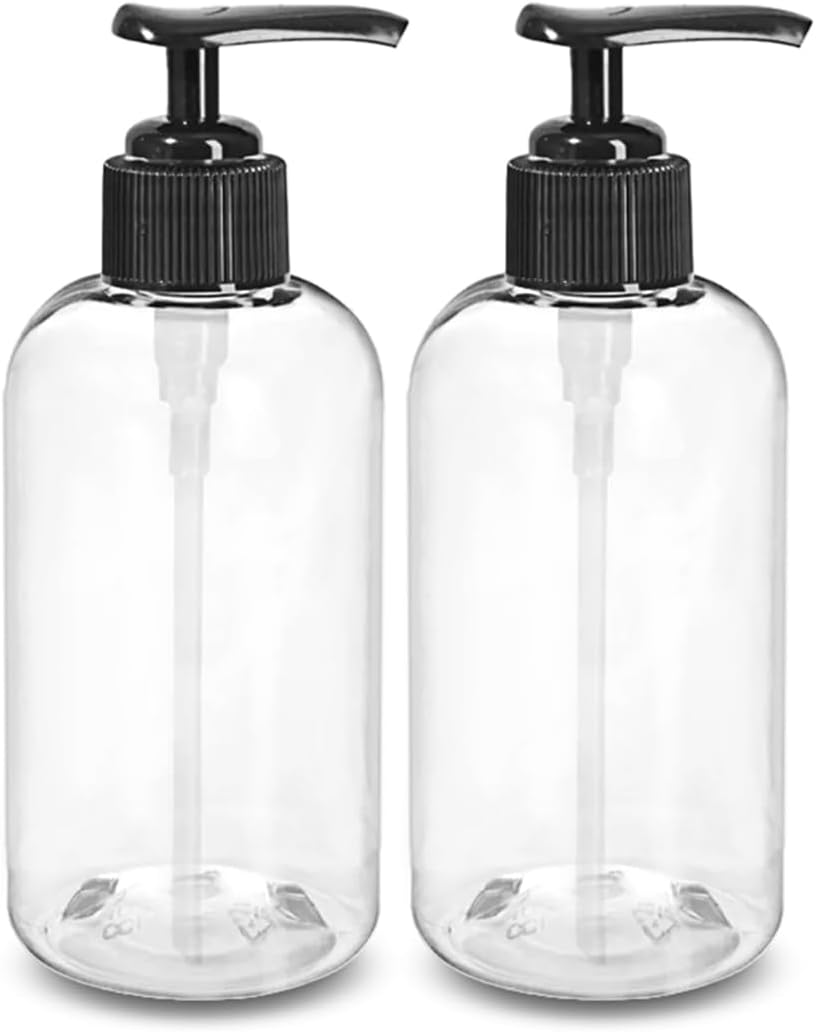 ljdeals 8 oz Clear Plastic Bottles with Pumps, Soap Dispenser, Empty Pump Bottles, Squeezable Refillable Containers for Shampoo, Lotion, Cream and More… Pack of 2, BPA Free, Made in USA