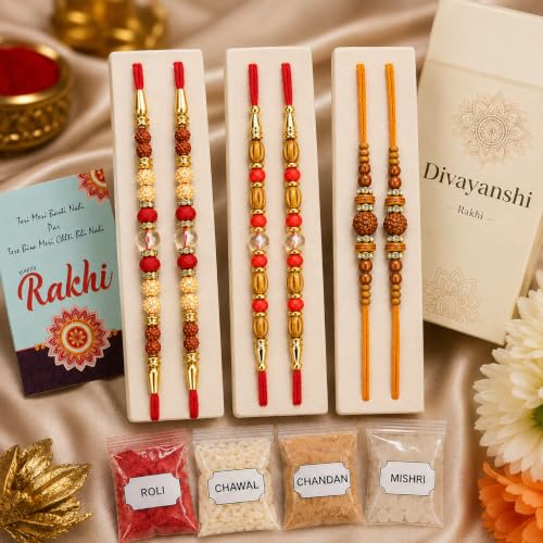 Image of Divayanshi Premium Pearl Rakhi Set of 6 for Brother | Handmade Designer Beaded Rakhi Threads | Raksha Bandhan Gift with Roli Chawal & Premium Display Card