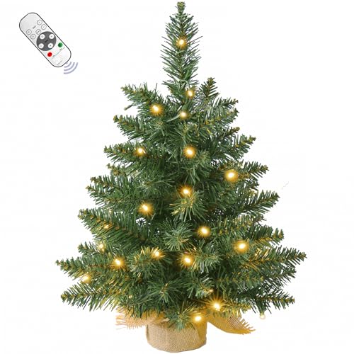2FT Pre-lit Artificial Small Mini Christmas Tree with Warm White Multi-Color LED Lights, Remote Control and Timer, Perfect for Xmas Tabletop Decorations, Home, Kitchen, Dining Table top Green