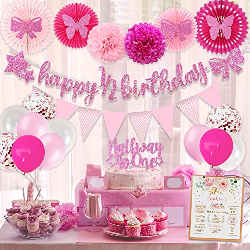 Half Birthday Decorations Baby Girl, Hombae 12 Birthday Decorations Supplies, 6 Months Birthday Decorations, Pink Rose Gold Glitter Half Birthday Banner with Triangle Flag Banner, 12 Birthday Hat by Hombae - Image 7