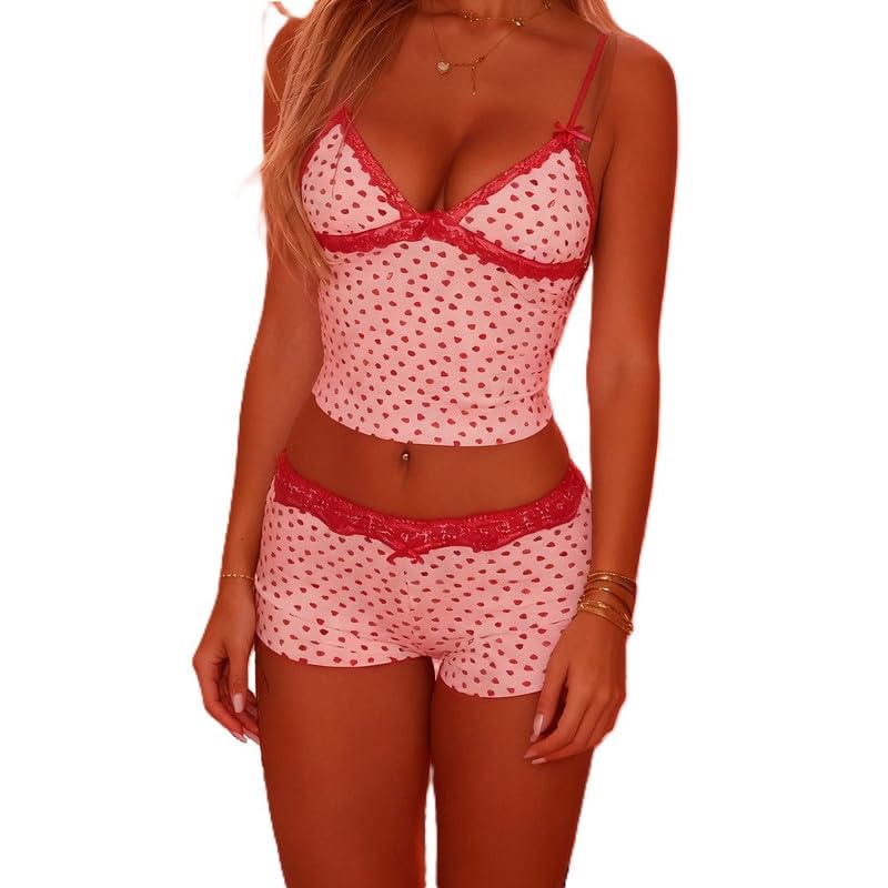 Image of Womens Y2K Cute Print Cami Pajama Sets Lace Trim V Neck Tank Top Shorts Set Bow Heart Print 2 Piece Sleepwear