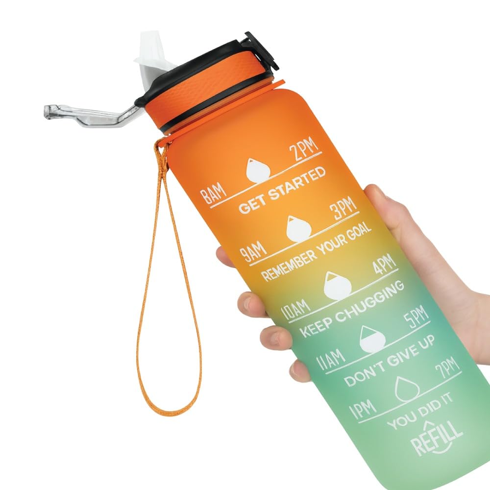 Red Dot Gift® 1-Pack [1000 ML] Drinking Water Bottle with Times to Drink, Rubber Cap and Straw, Leakproof BPA & Toxic Free (Green Gradient, 1 Liters)