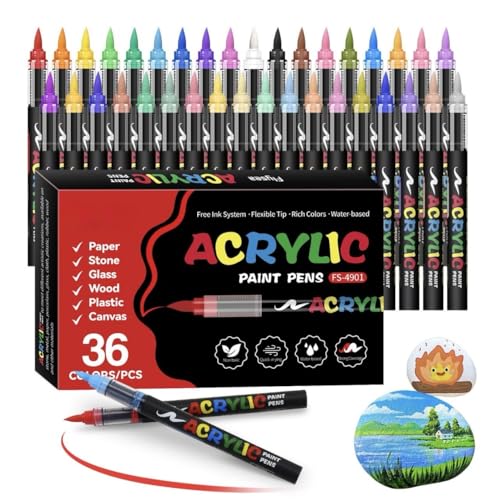 Image of Acrylic Paint Markers Brush Tip, 36 Vivid Colors with Direct-Liquid Ink System, Professional-Grade Paint Pen for Rock Painting, Canvas, Glass, Plastic, Fabric & Creative Crafts