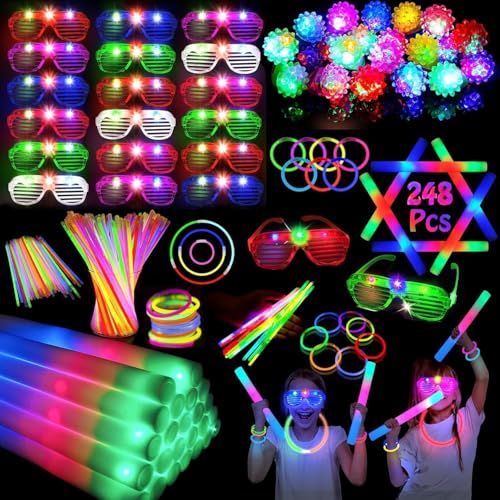 248PCS Glow in the Dark Party Supplies, Party Pack Bulk , 16PCS Foam Glow Sticks & LED Glasses,...