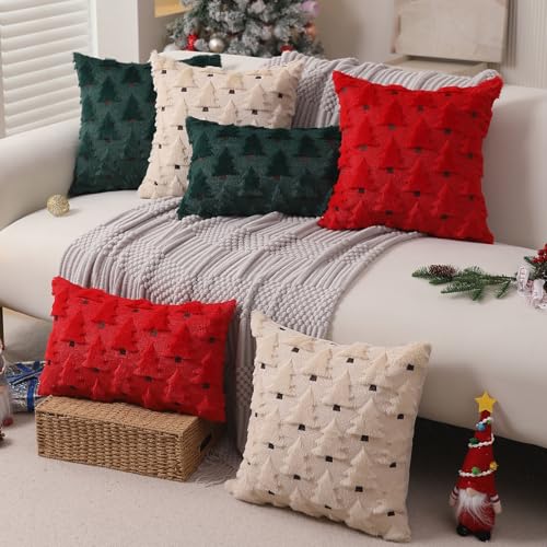 Image of Allorry Christmas Pillow Covers 16x16 inch Set of 2 Christmas Decorations Soft Plush Faux Fur Wool Green Christmas Tree Throw Pillow Cases Winter Holiday Decor for Sofa Living Room PT-002A16