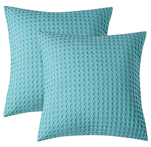 PHF 100% Cotton Waffle Weave Euro Shams 26" x 26", 2 Pack Elegant Home Decorative Euro Throw Pillow Covers for Bed Couch Sofa, Sky Blue