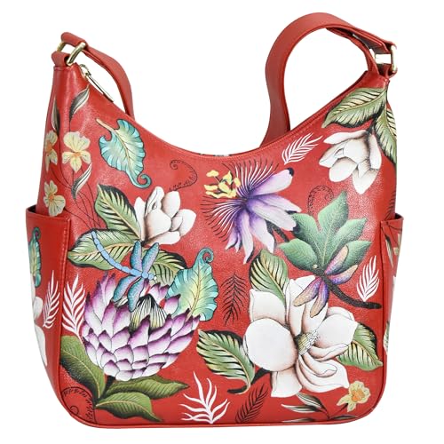 Anuschka Women's Hand-Painted Genuine Vegetable Tanned Leather Classic Hobo with Side Pockets - Crimson Garden