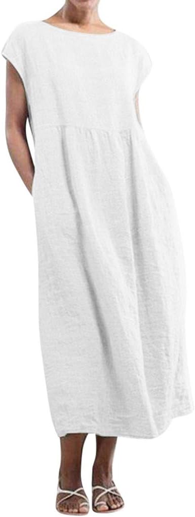 Women Cotton Linen Maxi Dress Plus Size Clothing Summer Long Gown Kaftans Short Sleeve Vintage Loose Casual Plain Dresses with Side Pockets