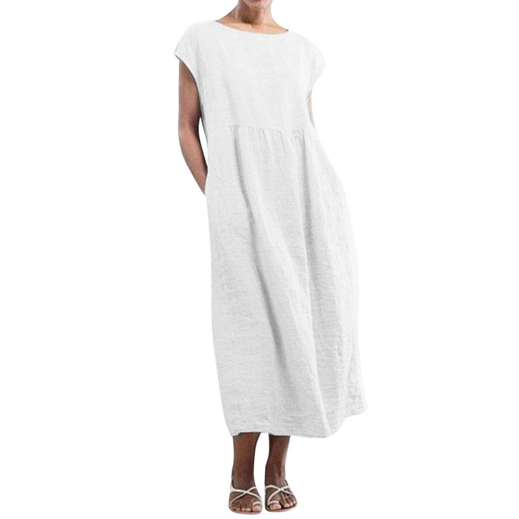 Women Cotton Linen Maxi Dress Plus Size Clothing Summer Long Gown Kaftans Short Sleeve Vintage Loose Casual Plain Dresses with Side Pockets