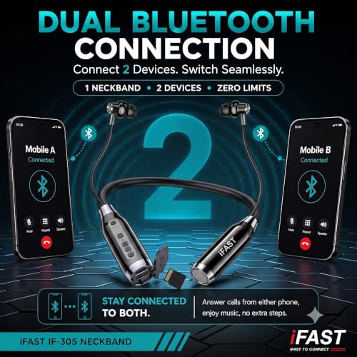 Image of iFAST IF-305 Bluetooth 6.0 Wireless Neckband Earphone with Mic | Up to 100 Hours Music Playtime | 14.2 mm Driver | TF Card Slot | Dual Device Connection | Black