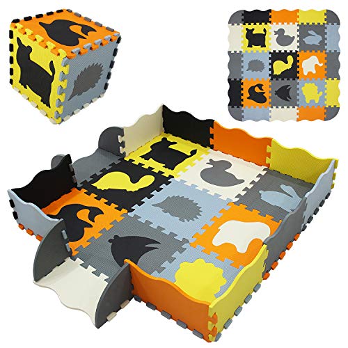 qqpp Alfombra Puzzle para Niños Bebe Infantil - Suelo de Goma EVA Suave. 9 Piezas (30*30*1cm), 16 Piezas de Valla, Animales. QQP-54b9F16
