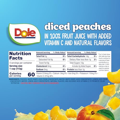 Image of Dole Fruit Bowls, Diced Peaches in 100% Fruit Juice Snacks, 4oz 24 Total Cups, Gluten & Dairy Free, Bulk Lunch Snacks for Kids & Adults | In 100% Fruit Juice Snacks, Gluten & Dairy Free