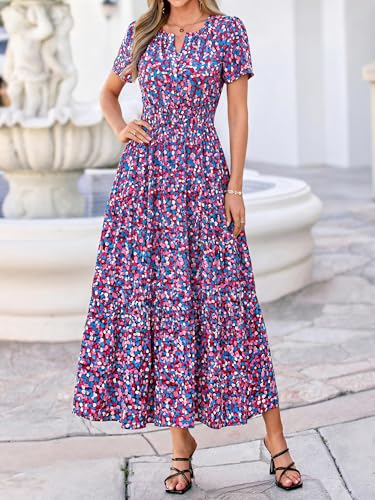 Image of BTFBM Womens Summer Floral Maxi Dresses V Neck Short Sleeve Boho Casual Flowy Long Wedding Guest Dress Beach Vacation