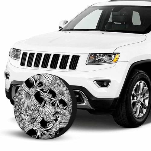 Image of Tattoo Skull Spare Tire Cover 15 inch Wheel Black and White Skull Protectors Weatherproof Universal for Trailer Tire Cover Rv SUV Truck Camper Travel Trailer