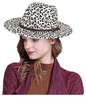 1Pcs Fashion Joker Leopard Printed Wide Brim Patchwork Wool Felt Classic Jazz Fedora Hat Casual Men Women Woolen Band With Felt Buckle Hat (Beige) #TOP3