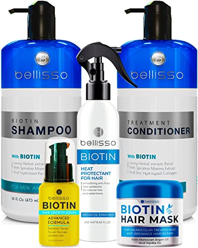 Biotin Shampoo, Conditioner, Serum, Hair Mask with Argan Oil for Hair Volume and Heat Protectant Spray for Hair - Leave in Deep Conditioner for Dry, Damaged Hair | Thickening Hair Treatment