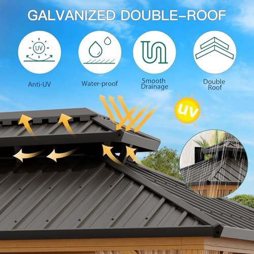 10x12ft Double Roof Hardtop Gazebo, Heavy Duty Galvanised Steel Hardtop Pavilion with Netting and Curtains, Faux Wood Grain Metal Gazebo for Patio, Terrace, Lawn and Deck, Wood Grain