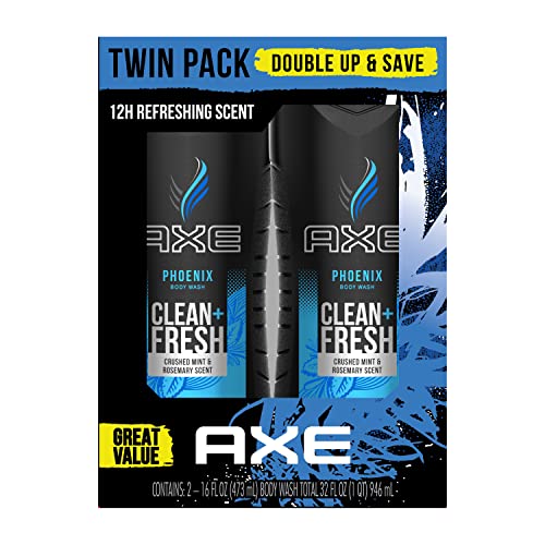 AXE Body Wash. 12h Refreshing Scent Phoenix Crushed Mint & Rosemary Men's Body Wash with 100% Plant-Based Moisturizers 16 oz Twin Pack