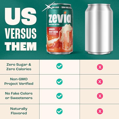 Image of Zevia Zero Sugar Soda, Ginger Root Beer, 12 oz Cans (24-Pack) - Naturally Sweetened, Zero Calorie Sugar Free Soda - Non-GMO Project Verified, Gluten-Free, Vegan