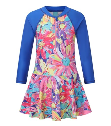 Image of Aisyee Girls One Piece Swimsuits Swim Dress for Girls Long Sleeve Rash Guard Bathing Suits Hawaiian Skirt Swimwear 3-16 Years