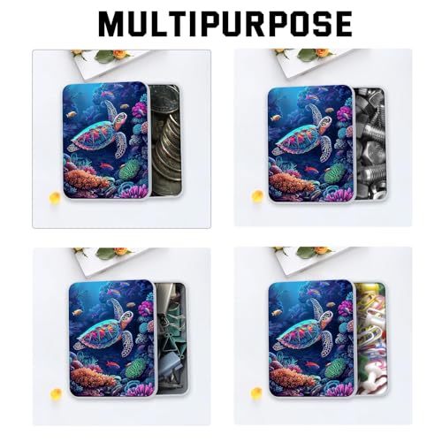Image of Metal Tin Box with Lid for Game Cards Home Organizer Candles Keys Crafts Storage - Equipped with 4 Magnetic Cord Clips,Sea Turtle